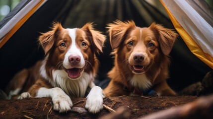 Dogs in a Forest Tent: An Adventurous Snapshot of Two Canine Companions.