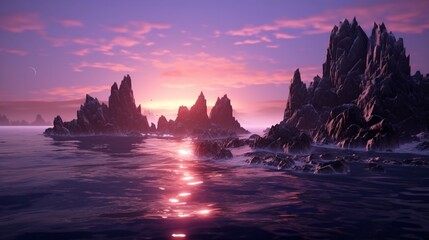 A surreal, rocky seascape with alien-like rock formations rising from the sea, backlit by a surreal, purplish sunset. - obrazy, fototapety, plakaty