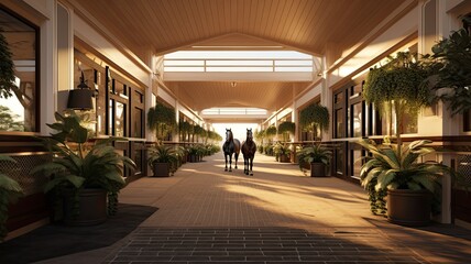 the sleek and stylish design of a horse stable within a contemporary equestrian center.
