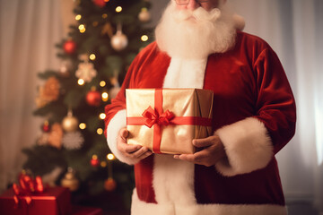 Santa Clause in a cozy house, leaving Christmas presents under the Christmas tree. Generative Ai