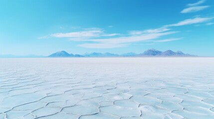 Fototapeta na wymiar An aerial view of a vast, arid salt flat under a clear blue sky, resembling a surreal, alien landscape.