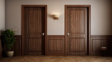 Fototapeta na wymiar Hotel room with wooden doors.