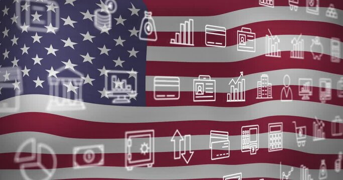 Animation of interface with multiple digital icons against waving usa flag background