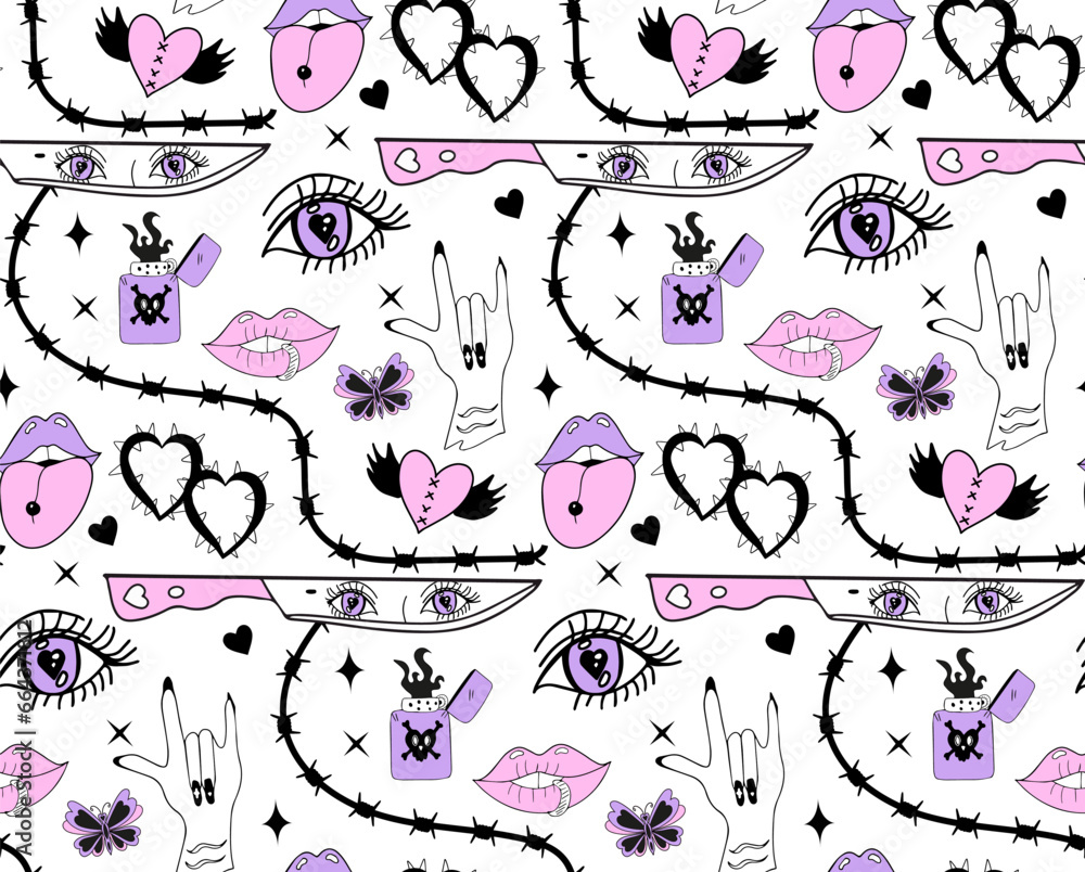 Wall mural Y2k emo girl glamour pink seamless pattern. Backgrounds in trendy 2000s emo kawaii style. Gothic texture 90s, 00s aesthetic. Vector illustration