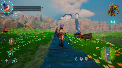 Video Game Mock-up Screen: Gameplay of 3D Open World Sandbox Fantasy Video Game. Footage of RPG...