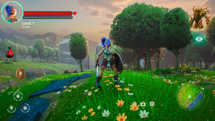 Video Game Mock Up Screen: Gameplay of 3D Open World Sandbox Fantasy Video Game. Footage of RPG...