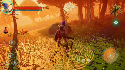 Video Game Mock-up Screen with Beautiful Sunset Scenery. Gameplay of 3D Fantasy Adventure RPG Set in Magical Forest. Female Character Going on Adventure, Fighting Enemies with Sword. 3D Render.