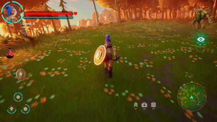 Video Game Mock-up Screen with Beautiful Sunset Scenery. Gameplay of 3D Fantasy Adventure RPG Set in Magical Realm. Female Hero Character Going on Adventure, Exploring World with Sword. 3D Render. © Gorodenkoff