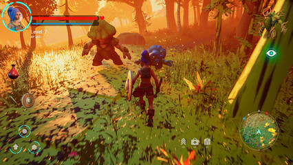 Video Game Mock-up Screen with Beautiful Sunset Scenery: Gameplay of 3D Fantasy Adventure RPG Set in Magical Forest. Female Character Going on Adventure, Fighting Enemies with Sword. 3D Render. © Gorodenkoff