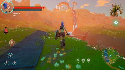Video Game Mock-up: Playable Character Respawning in Video Game Set in Beautiful 3D Realm. Fantasy...