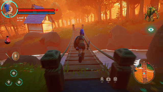 Video Game Mock-up Screen: Gameplay of 3D Fantasy Role Playing Game Featuring Female Hero Character on Adventure, Exploring World. Video Game of Puzzles and Quests Set in Magical Forest. 3D Render.