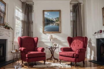 Modern living room design with red textile furniture and picture frame mock up on a wall