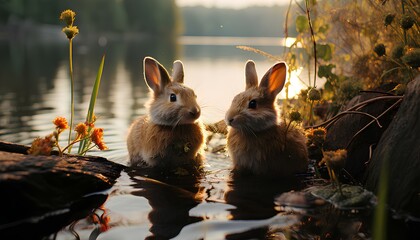Two rabbits in the forest near a lake. Bunny in the wild. Rabbit in the woods dipping his paws in...