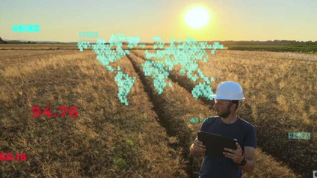 World map animation with scanning wheat field. Smart precise farming concept. 3D