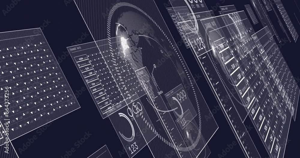 Aufkleber animation of interface with spinning globe and data processing against grey background