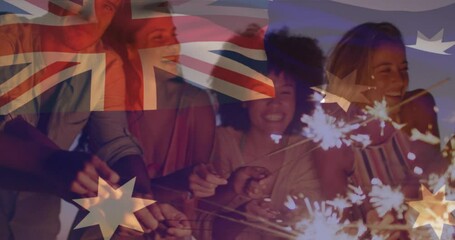 Composite video of australia flag over group of diverse friends celebrating with sparklers at beach - Powered by Adobe