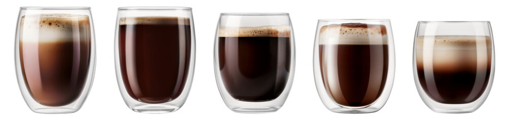 Coffee, cappuccino and latte in transparent glasses with a double bottom on a transparent background - obrazy, fototapety, plakaty