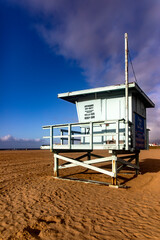 Vertical photograph of a closed lifeguard hut in the city of Santa Monica in the state of California in the United States of America.