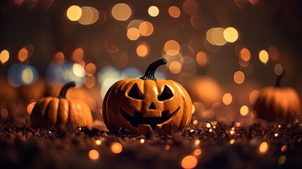 spooky halloween scene illustration with a jack o lanterns and lots of bokeh with room for text copy 