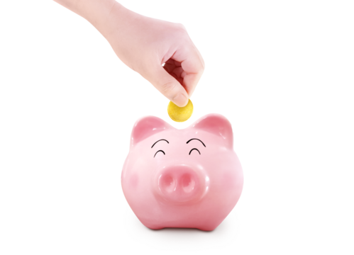 Hand puts gold coins into a piggy bank PNG transparent