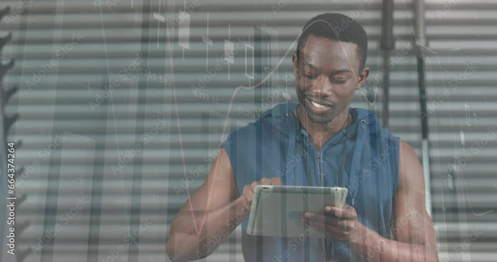Poster animation of statistical data processing over african american fit man using digital tablet at gym