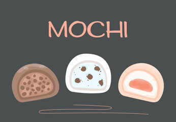 Traditional japanese daifuku Mochi. Asian sweet food. Rice fruit dessert. Hand drawn flat vector illustration. Mochi dessert on black background