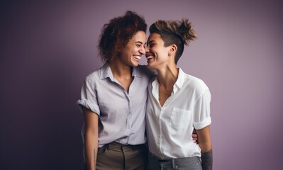 Naklejka premium Two embracing LGBT women in a tranquil and serene moment, symbolizing love