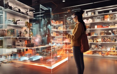  A woman wearing VR glasses immersed in a modern shopping center
