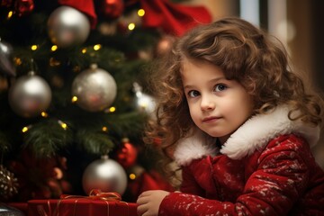 Little girl sitting near Christmas tree traditional holiday. Smile childhood person. Generate Ai