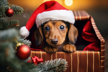 Cute puppy dachshund in Santa cap in Christmas box - obrazy, fototapety, plakaty