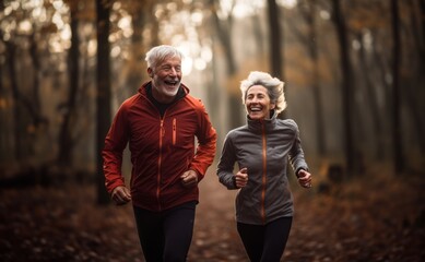 An active elderly couple enjoys their morning routine, jogging in the park, promoting a healthy and energetic lifestyle in their retirement years