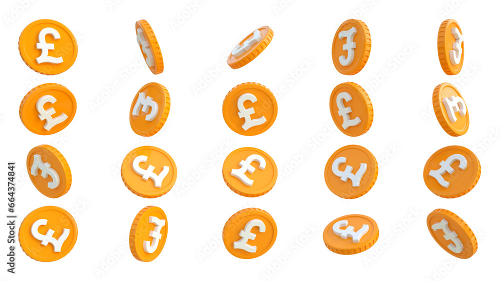 Fototapete 3d rendering of set of abstract british pound sterling coin concept in different angles. pound sign 
