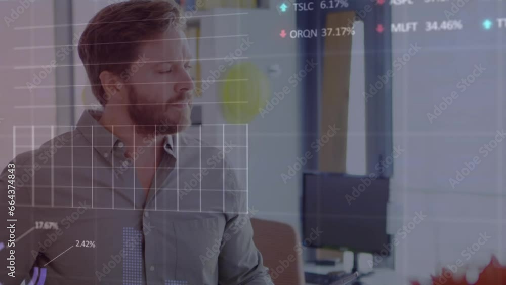 Poster animation of statistical and stock market data processing against thoughtful caucasian man at office