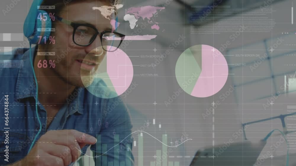 Poster animation of statistical data processing against caucasian man listening to music and using tablet