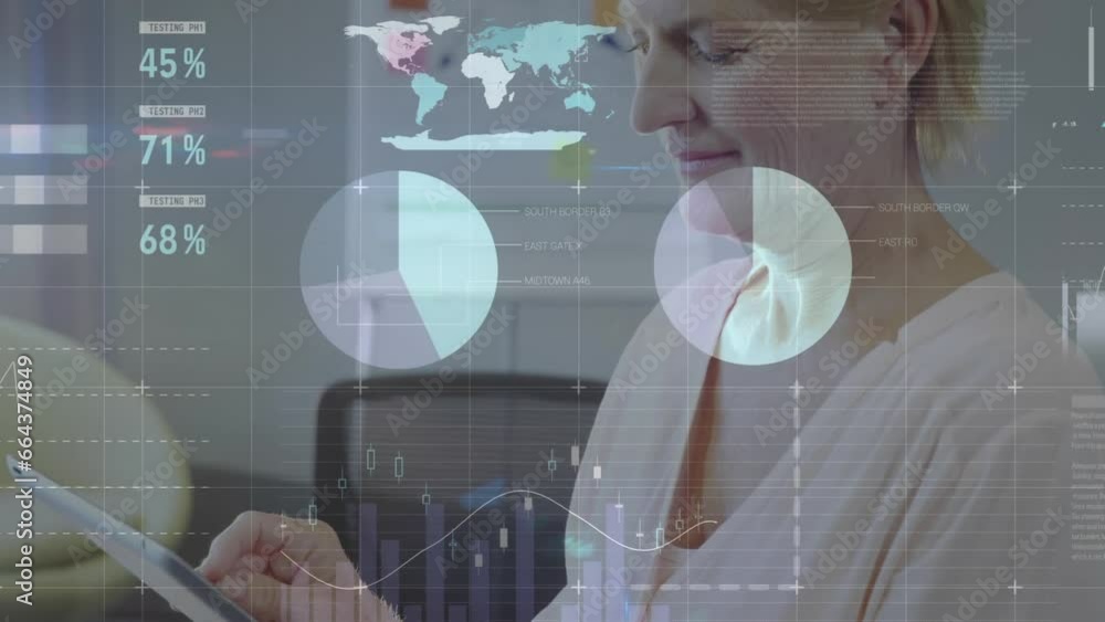 Poster animation of statistical data processing against caucasian woman using tablet and smiling at office