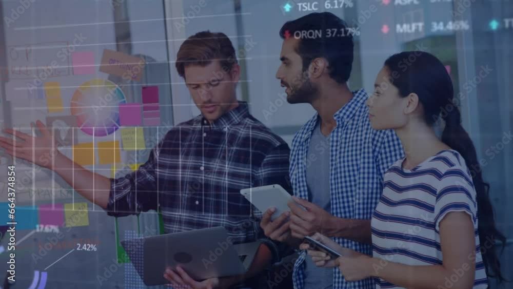 Poster animation of stock market data processing on diverse colleagues discussing over memo notes at office