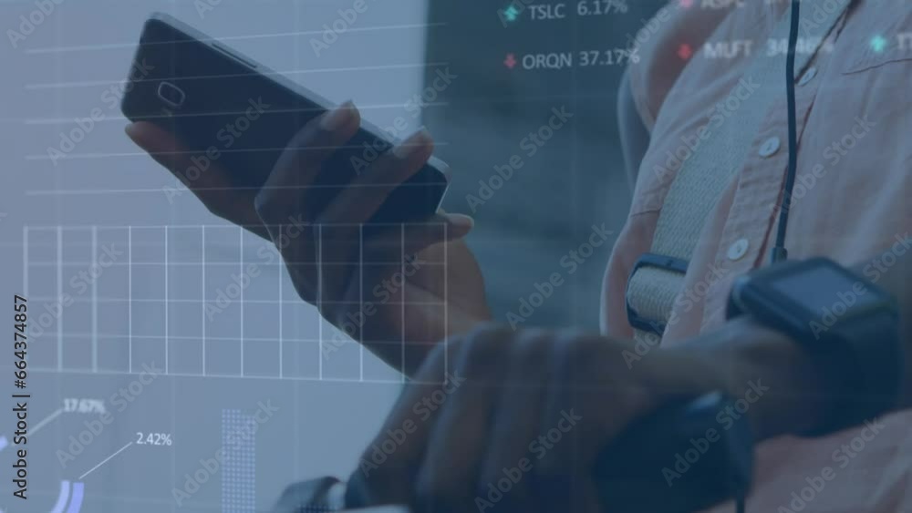 Poster animation of stock market data processing over mid section of man with bicycle using smartphone