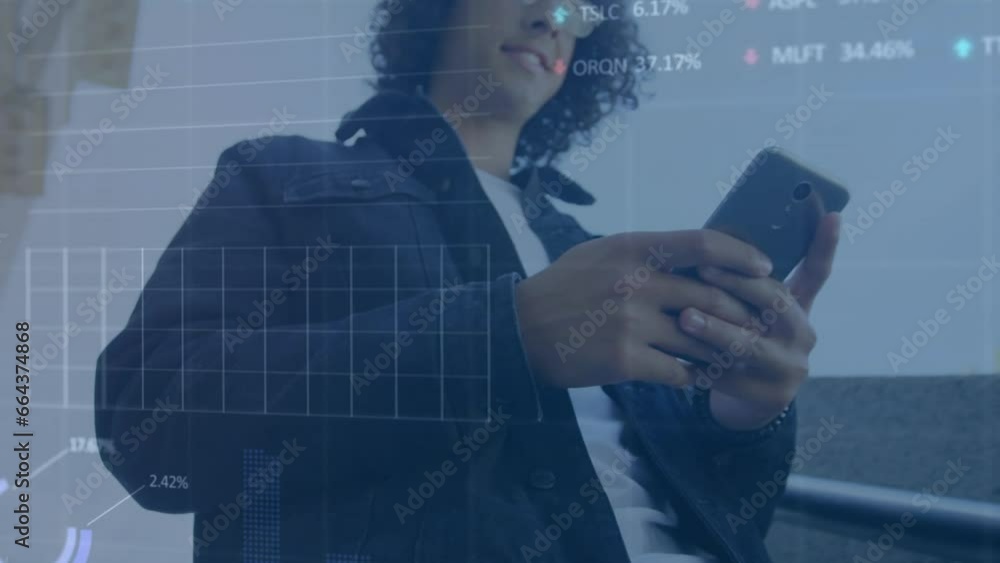 Aufkleber animation of stock market data processing on biracial man using smartphone and climbing down stairs