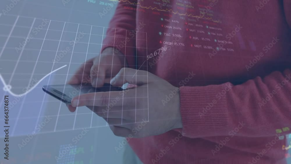 Poster animation of statistical and stock market data processing over mid section of man using smartphone
