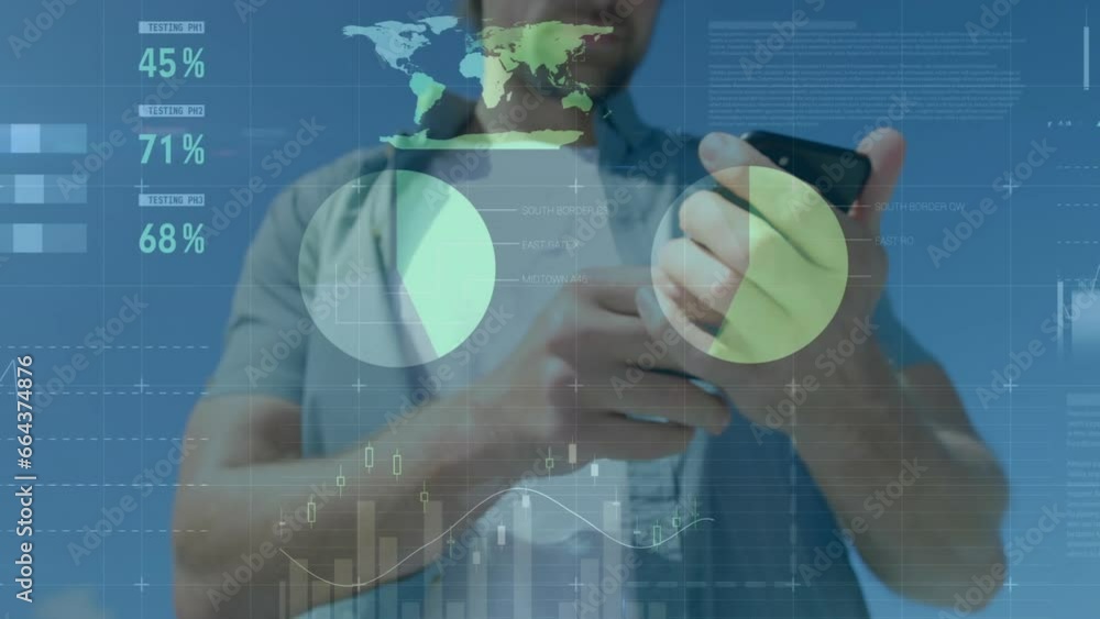 Poster animation of statistical data processing over low angle view of caucasian man using smartphone
