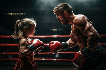 Little girl training with coach in boxing ring in fight. Person small workout activity. Generate Ai - obrazy, fototapety, plakaty