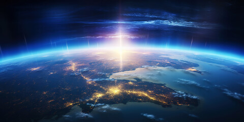 Panoramic view on planet Earth globe from space with rising sun. Glowing city lights, light clouds....