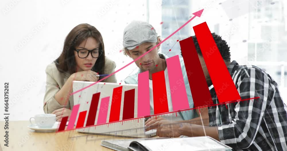 Poster animation of statistical data processing over diverse colleagues discussing over a laptop at office