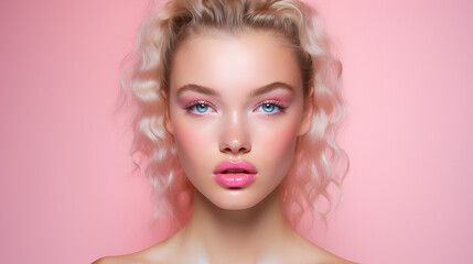 beautiful young lady with clear, clear, soft, & glowing skin on pink background with copy space