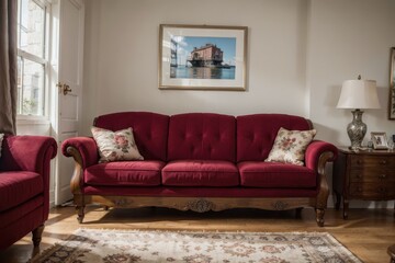 Modern living room design with red textile furniture and picture frame mock up on a wall