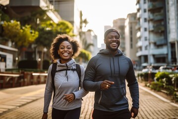 A young African American couple joyfully jogging through the urban cityscape - obrazy, fototapety, plakaty