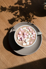 Cropped view of cup of cocoa with marshmallows, top view.Delicious Hot Chocolate in Mugs
