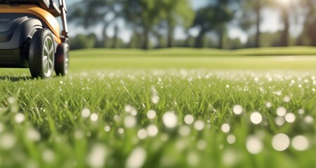Fototapeta premium Green grass with a blurry background. Green lawn under the rays of the sun. Lawn grass with copy space.