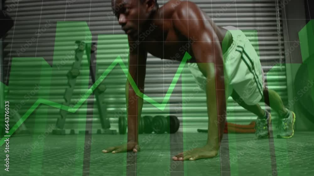 Sticker Animation of statistical data processing over african american fit man performing push ups at gym