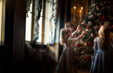 A young brother and sister joyfully decorate a Christmas tree in the warmth of their home